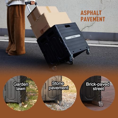 Folding Utility Cart Black Portable Rolling Crate Handcart Foldable Shopping Trolley Collapsible, with Lid, on Wheels, for Grocery, Garden, Office, Storage, Teacher, Tool (Black)