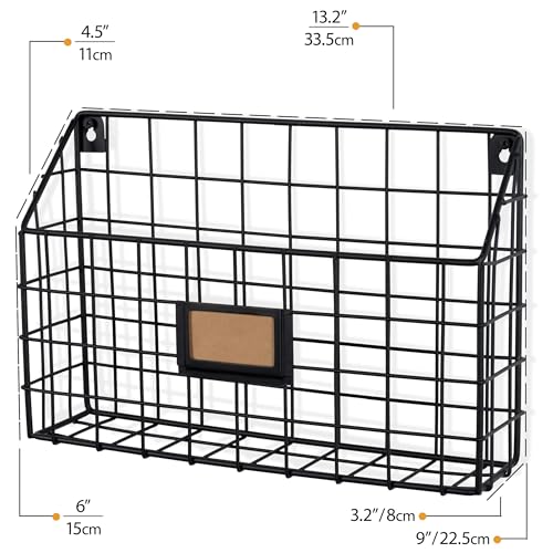 Wall35 Rivista File Holder Home Office Desk Organizer, Wall Mounted Wide Chicken Wire Mail Organizer and Magazine Holder, Metal, Black