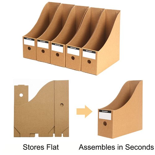 Foldable Desk File Holder Organizer Sturdy Cardboard Magazine Storage Box Document Rack with Blank Label Stickers for Home School Office (15, Brown)
