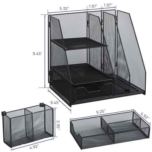 Topwey Desk Organizer, File Organizer for Desk with 2-Tier Paper Letter Tray, Drawer and 2 Pen Holder, Mesh Desktop Organization with Magazine Holder for Office Supplies