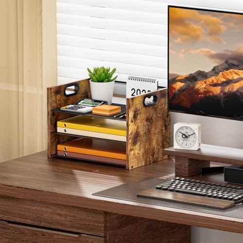 3 Tier Wood Paper Organizer for Desk, Metal Office Organizer and Accessories with Handle, Mesh File Holder for Desk, File Cabinets for Home Office, School