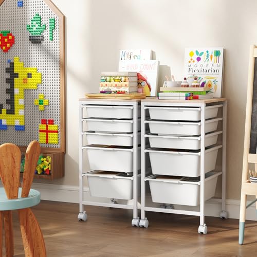 COSTWAY Rolling Storage Cart with 5 White Drawers, Wooden Top