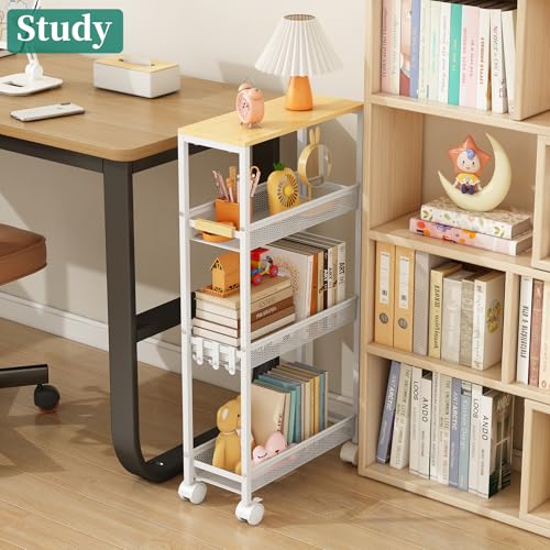 TIPGO 4-Tier Slim Utility Rolling Laundry Cart with Wheels, White, 7.2"