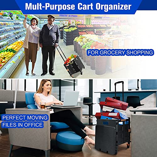 Quick Utility Cart Folding Portable Rolling Crate Handcart with Durable Heavy Duty Plastic Telescoping Handle Collapsible 4 Rotate Wheels for Travel Shopping Moving Luggage Office Use (black&pink lid)