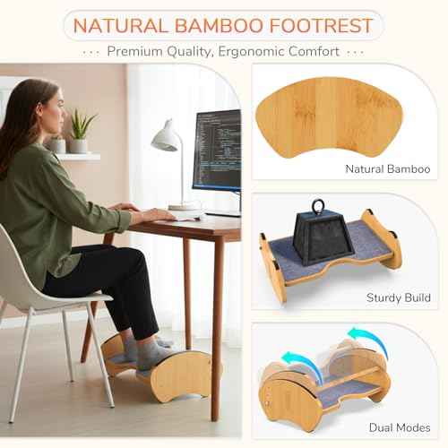 Bamboo Foot Rest for Under Desk - Fovima 2-in-1 Adjustable & Reversible Ergonomic Footstool, Permanent Dual-Sided Cushion, Tool-Free Height & Angle Adjustment