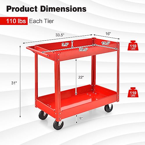 Goplus 2-Tier Utility Cart, Heavy Duty Commercial Service Tool Cart w/Handle, 220 lbs Max Support, Rolling Mechanic Metal Tool Cart Storage Organizer for Home, Garage, Warehouse