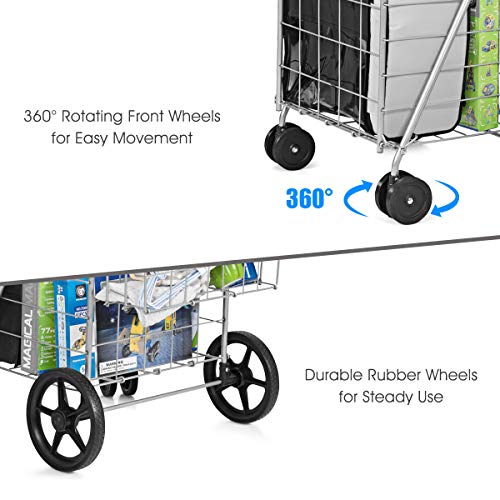 Nightcore Folding Shopping Cart, Large Grocery Utility Cart with Swiveling Wheels & Dual Storage Baskets, Light Weight Trolley with Portable Handle, Ideal for Laundry Book Luggage Travel (Silver)