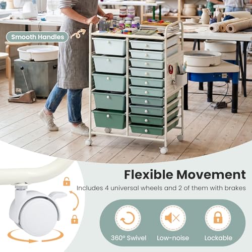 Giantex Green Gradient 15-Drawer Rolling Storage Cart with Metal Tabletop & Pegboard
