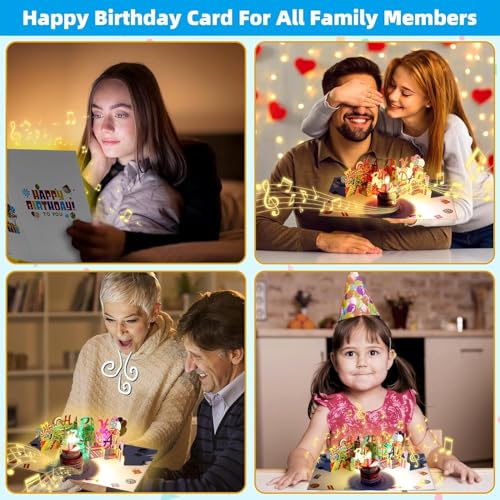 3D PopUp Birthday Cards, 1-100 Age Luxury Blowable LED Light Candle Cake Music Happy Birthday Card Postcards Greeting Cards Birthday Gifts Decorations for Women, Man, Mom, Wife, Husband, Boy, Girl