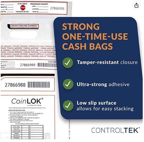 ControlTek CoinLok 12" x 24.5", Clear, 50 Bags, Tamper Resistant Coin Bag, Cash Register Money Bag for Bank Deposit, Security Bags Hold Up To 50lbs of Coins 585100