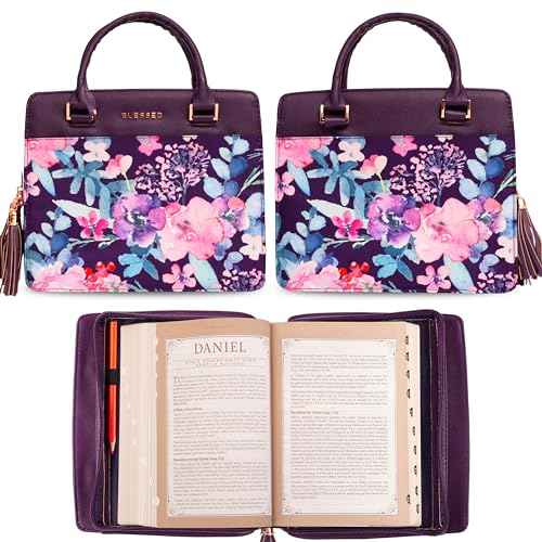 Christian Art Gifts Women's Fashion Bible Cover Purse Style Blessed, Purple Floral Faux Leather, Large