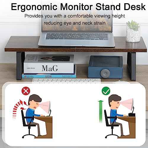 TEAMIX 24 inch Monitor Stand Riser, Rustic Brown Wood & Steel Computer Monitor Stand with Storage, Laptop, PC, Printer Stand Riser for Desktop Office Desk Organizers
