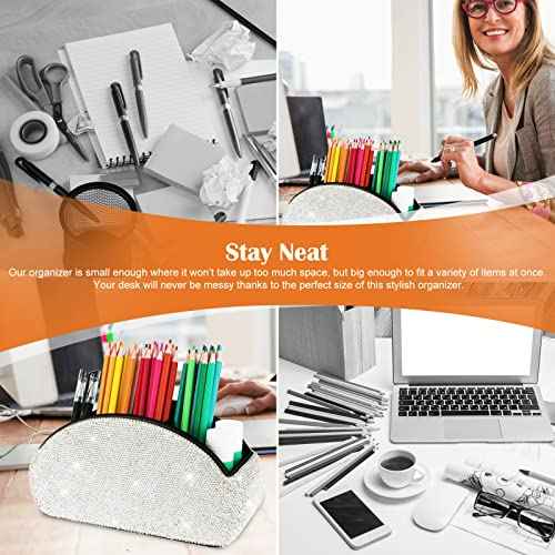 KEYPOWER Remote Control Holder Organizer Table Desk Leather Control Storage TV Remote Control Organizer with 5 Spacious Compartments Bling Crystal Luxury Handmade Diamond (White)