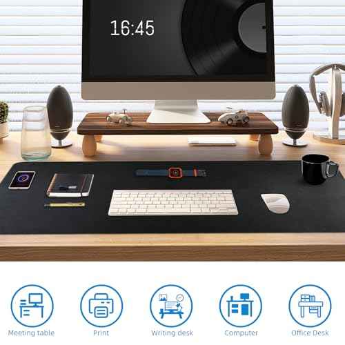 Wireless Charging Mouse Pad with for Desktop Charging Large Desk Mat 36"x17" Waterproof Black Leather Computer Mat Mousepad Non-Slip Protector on Top of Desks for Keyboard and Mouse(Black-L)