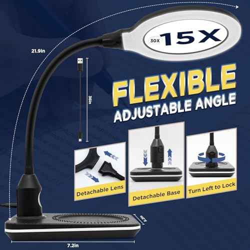 3600mAh Rechargeable Magnifying Glass with Light & Stand, 15X 30X LED Magnifier, 4.9 Inch, 6 Color Modes, Flexible Gooseneck Desk Lamp for Jewelry, Reading, Hobbies & Close Work