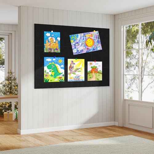 Cork Board for Wall,48"x36" 12 Pack Felt Wall Tiles with Safe Removable Adhesive Tabs, Bulletin Boards for Home Office Kitchen, Pin Board Notice Board for Photos, Memos, Black