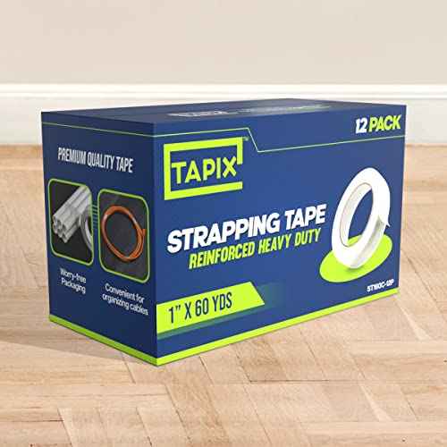 Strapping Tape 1 inch x 60 yds, (12 Pack) Fiberglass Tape Super Strong Reinforced Tear Resistant Clear Strapping Tape Holds up to 120 LB.