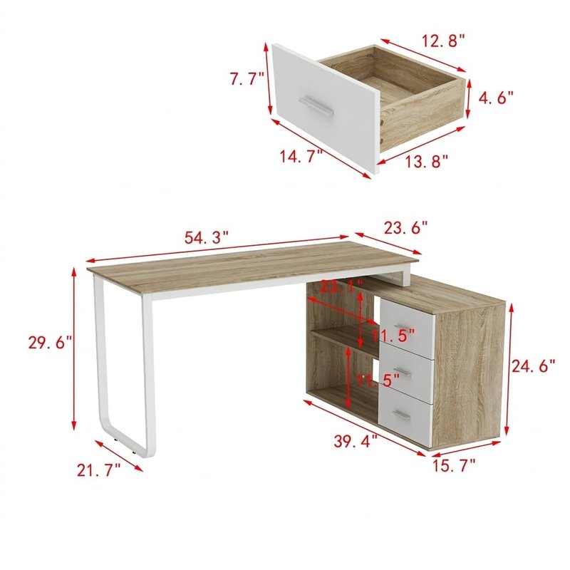 Homsee Home Office Computer Desk Corner Desk with 3 Drawers and 2 Shelves, 54 Inch Large L-Shaped Study Writing Table with Storage Cabinet - Walnut and White
