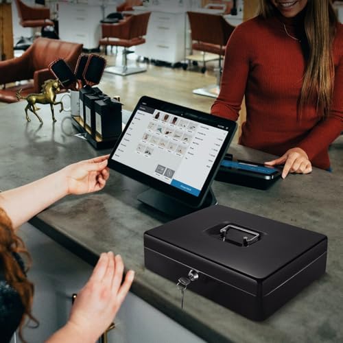 Flexzion Black Cash Box with 9-Compartment Tray, Lock & Key – Portable Money Box for Checks & Coins