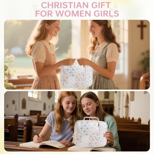 Bible Cover Case for Women Large Bible Cover with Durable Handle Quilted Bible Carrying Case for Girls Bible Study Supplies Accessories (Spliced Flower, Spliced Flower)