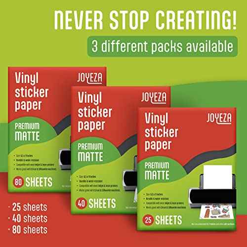 JOYEZA Premium Printable Vinyl Sticker Paper for Inkjet Printer - 25 Sheets Matte White Waterproof, Dries Quickly Vivid Colors, Holds Ink well- Tear Resistant - Inkjet & Laser Printer
