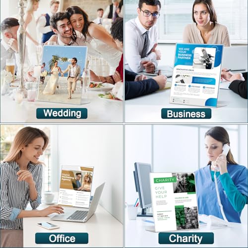 12 Pack Acrylic Sign Holders 8.5x11 Inches - L-Shape Vertical Menu & Photo Display Stand for Restaurants & Office - Clear Plastic Paper Stands