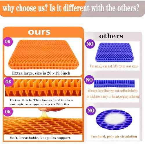 Plus Size Gel Seat Cushion, Extra Large and Thick, Seat Cushion for Pressure Relief for Back, Hip, Sciatica, Tailbone Pain, Use for The Office, Wheelchair, Car, Recliner, Truck, Trip, Stadium.(Orange)