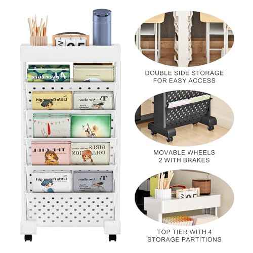 BYFU 6-Tier Movable Bookshelf Cart, Rolling File Paper Storage Organizer Mobile Bookcase with Wheels for Home Office Study Classroom, White