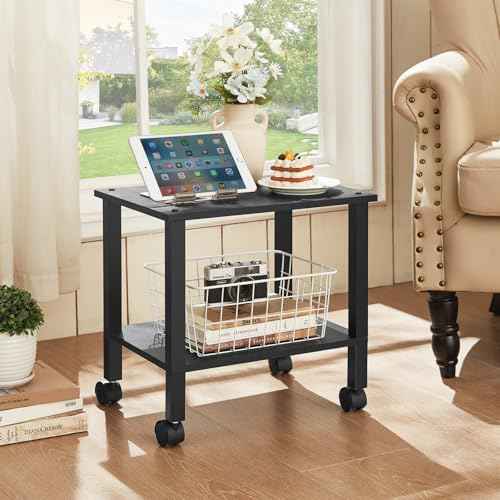 2 Tier Printer Stand with Storage,Under Desk Shelf Printer Table, Rolling Printer Cart for Office,Home,Black