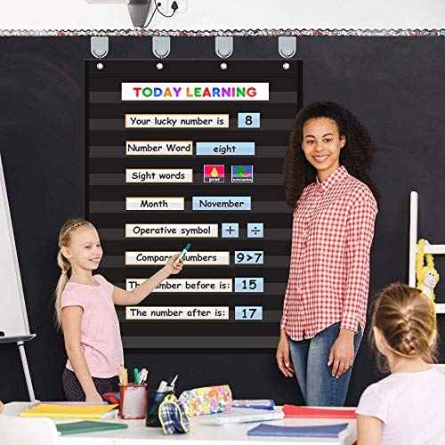 Standard Pocket Chart Clear 10 Pockets Chart for Classroom & Home Heavy Duty Hanging Pocket Chart for Word Wall/Letter Cards/Sentence Strips,28Wx43L,Black