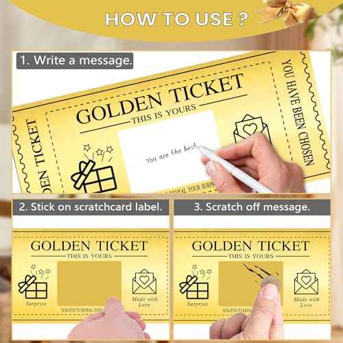 6 Sets Golden Ticket with Envelopes, Scratch off Card Surprise Gift Reveal, Card as Perfect for Birthday Card Wedding Card Concert Ticket Cinema Voucher Raffle Gift