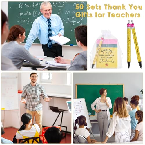 ReliThick 50 Sets Christmas Teachers Notebook Pens Bulk Teacher Appreciation Gift Inspirational Notebook Journal Glitter Ballpoint Pens with Organza Bag for Woman Coworker Staff Office