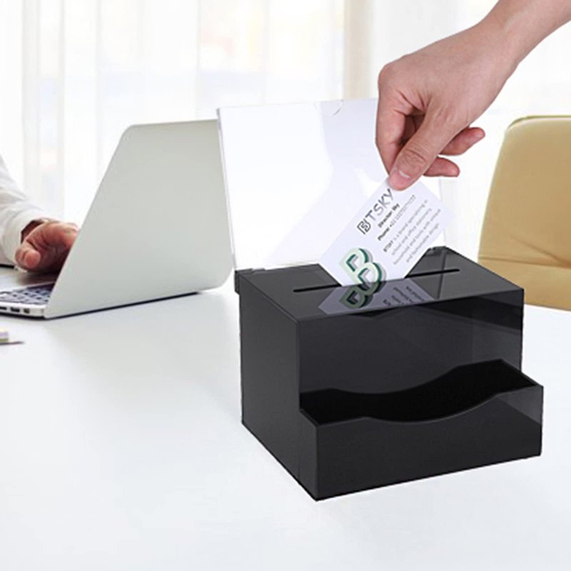 BTSKY Acrylic Suggestion Box with Lock, Acrylic Donation Box with Sign Holder, Tip Box with Pocket Collection Boxes for Voting Locking Mailbox, Suggestion Box with Removable Sign Slot (Black)