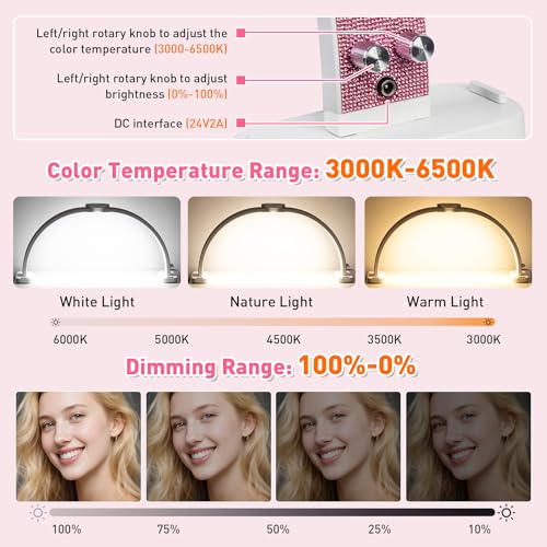 HITTI Super Large 31in Half Moon Light for Nail Desk, Foldable Arch Light for Nail Tech Lamp with Phone Stand, LED Table Lamp for Manicure, Handicraft, Art, Eyelash Extension (Crystal Diamond) -White