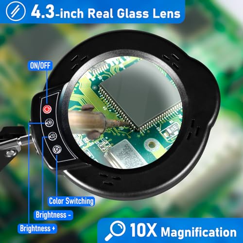10X Magnifying Glass with Light and Stand, LED Desk Lamp with Base and Clamp, 5 Color Mode, 10 Dimmable Levels, Hands Free for Reading Crafts Jewelry Sewing Close Work
