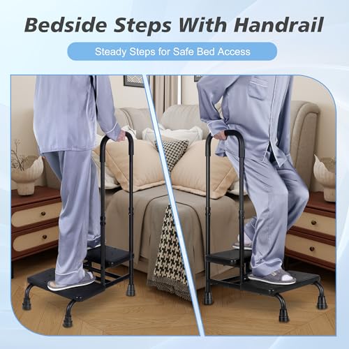 Step Stool for Seniors, 2 Stepping Stool for Bed Heavy Duty with Handle for Adults, Medical-Grade Footstool Supporting Up to 350 lbs, Black