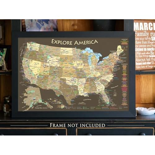 National Parks Map Poster with USA Travel Destinations - Brown Edition US Travel Map Wall Posters - National park checklist (24W x 16H inches)