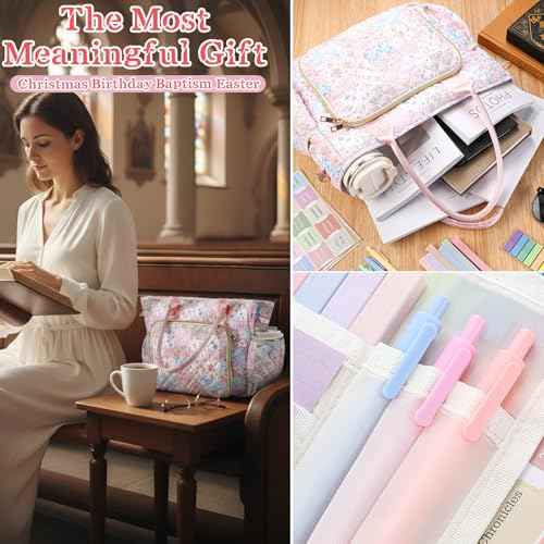 Large Bible Bag Quilted Bible Cover Case Kit for Women Church Bag with Shoulder Strap Study Supplies Carrying Case 6 Highlighters 5 Pens Tabs Journaling Kit Christian Gifts(Spliced Flower)
