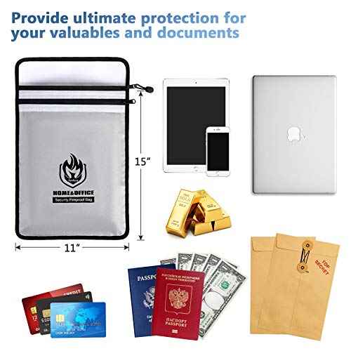 Upgraded Two Pockets Fireproof Document Bag (2000¢µ), andyer 15¡±x 11¡±Waterproof Fireproof Money Bag for Cash with Zipper, Important Document Storage Organizer for Valuables, Legal Documents Safe
