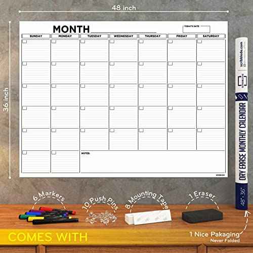 Large 36"x48" White Board Calendar Blank Dry Erase Calendar for Wall Big Dry Erase Wall Calendar Monthly Large Wall Calendar Dry Erase Board Planner Includes 6 Markers Eraser Push Pins & Mounting Tape
