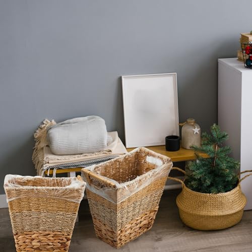 Mifoci 2 Pcs Wicker Trash Basket for Bathroom Woven Rattan Garbage Basket with 50 Plastic Bags, Boho Wicker Trash Can for Bathroom Kitchen Bedroom(Multicolor)