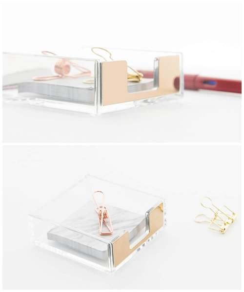 MEI YI TIAN Gold Memo Pad Holder Pencil Cup Set Self-Stick Notes Cube Tray Glitter Desktop Accessories Dispenser for Office Home School Stationery Makeup Brush Organizers (Gold & Clear)