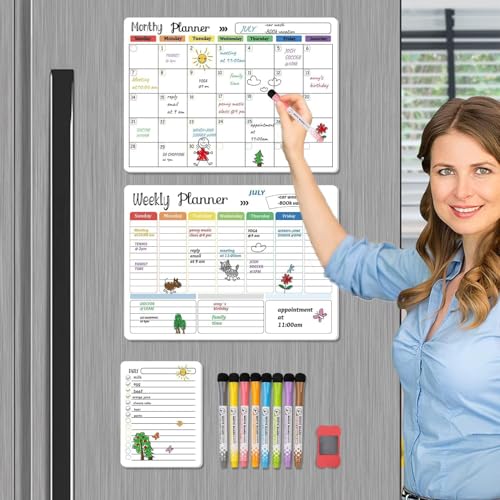 Hivillexun Magnetic Dry Erase Calendar Whiteboard Set (3-Pack) for Fridge, Wall, and Refrigerator Organization ? Monthly, Weekly, and Daily Planners with 8 Markers and Eraser