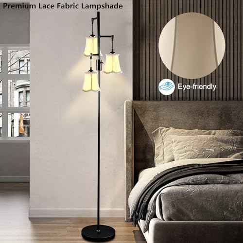 Lightdot 66IN Dimmable Floor Lamp for Living Room, Industrial 3-Light Tree Floor Lamps with LED E26 Bulbs Included, Mid Century Floor Lamp with Fabric Flower Lampshades for Bedroom HOM Office-Black