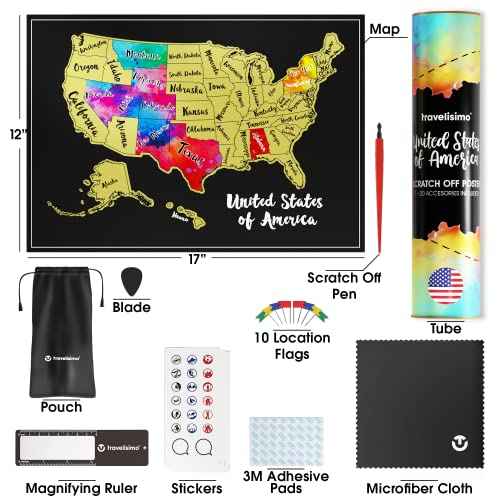 TRAVELISIMO Scratch Off Map of United States, 12x17 inch US Map for Travel Tracking, Scratch Off Poster 25 Unique Accessories & Colorful Design