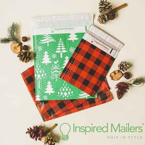 Bubble Mailers 6x9" - Red Christmas Trees with Writable Area - 25 Pack - Holiday Poly Padded Envelopes and Bubble Shipping Mailers