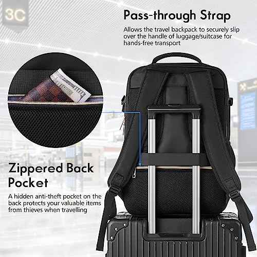 MOMUVO Travel Backpack for Women, Carry On Backpack Airline Approved with 3 Packing Cubes, 15.6 Inch Laptop Backpack with USB Charging Port, Casual Daypack for Weekender Business College, Black