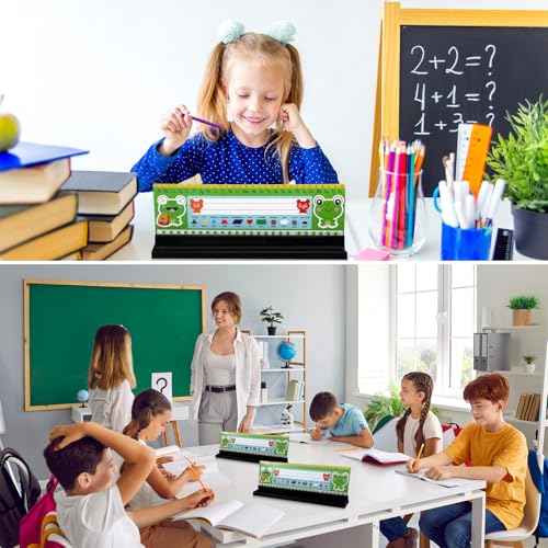 Teling 12 Pieces Name Plates Holder for Desk Self Adhesive and Removable Nameplate Stand with Pen Holder Black Plastic Name Tag Display with Adhesive Grip for Classroom School,1.5 x 12 x 1 Inch