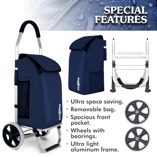Ultra-Lightweight Foldable Grocery Cart with 40L Capacity, Soft Rolling Wheels, Removable Insulated Bag ? Multi-Purpose Personal Hand Truck (Blue)
