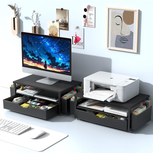 Spacrea Black Computer Monitor Stand with Drawer & Pen Holders - Space Saving Desk Organizer